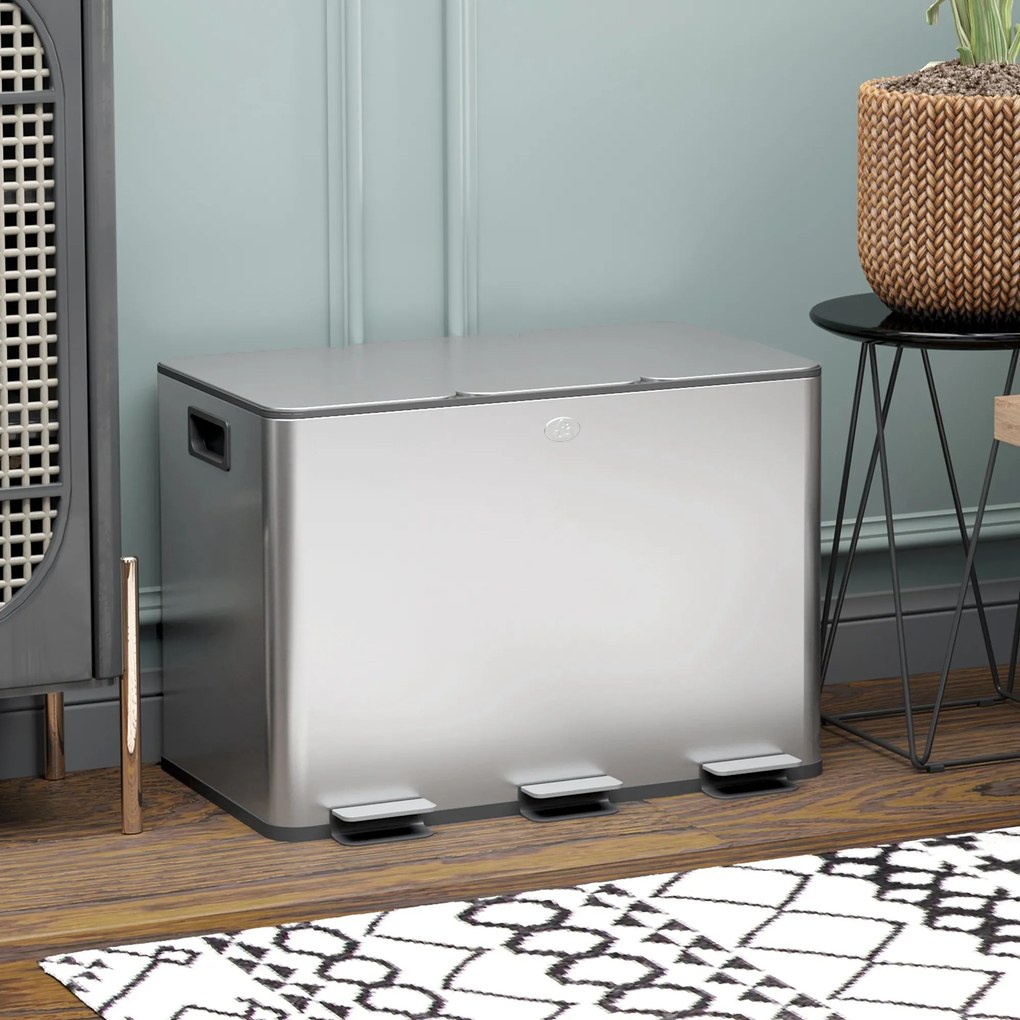 HOMCOM Coș de Gunoi cu 3 Compartimente de 20L, Cu Pedală, Capace cu Închidere Silențioasă, Oțel Inoxidabil și PP, 61,9x36,6x56,7 cm, Argintiu | Aosom Romania