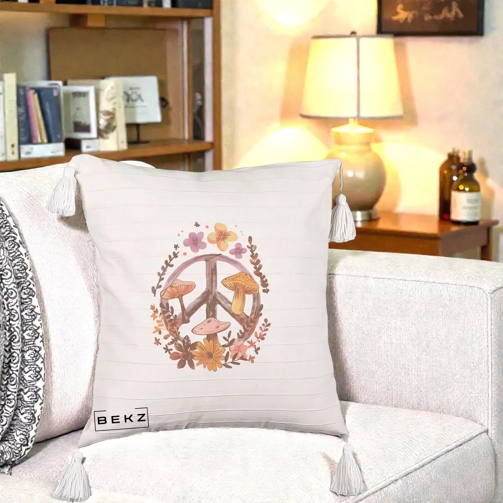 Perna Decorativa Peace Sign Ciuperci Floral, 40x40 cm, Bej cu Franjuri, Husa Detasabila, Perna Inclusa, BEKZ®