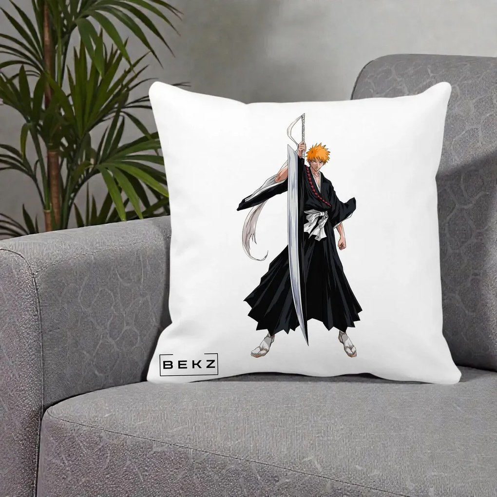Perna Personalizata Bleach Ichigo Kurosaki Zangetsu, 40x40 cm, Alba Mata, Husa Detasabila, Perna Inclusa, BEKZ®