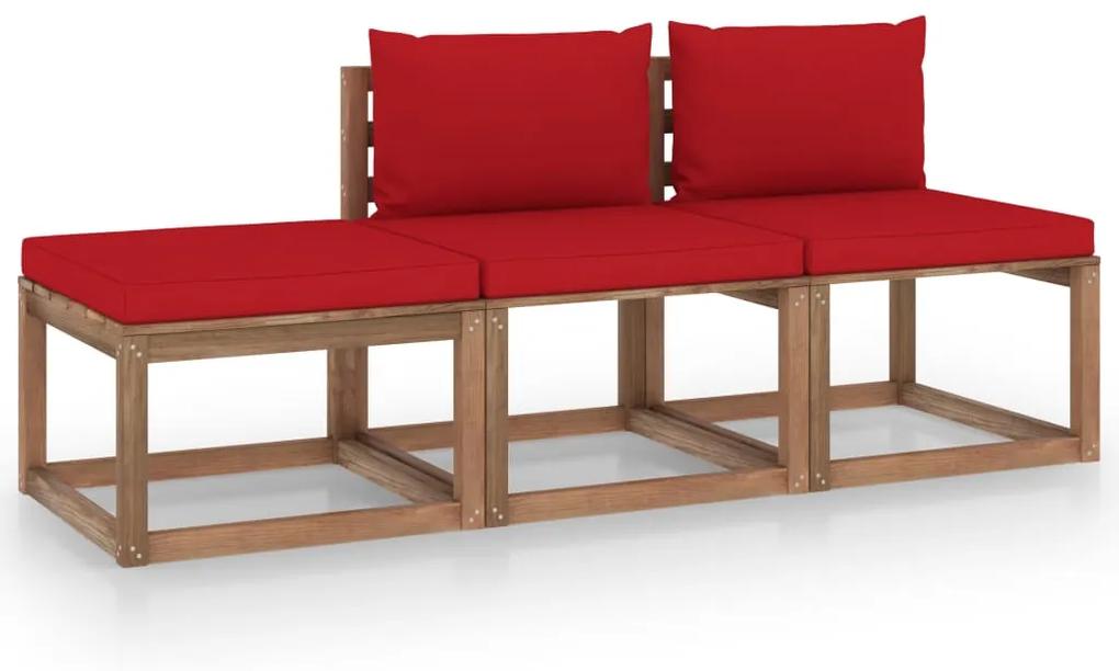 Set mobilier gradina paleti cu perne, 3 piese, lemn pin tratat Rosu, 2x mijloc + suport pentru picioare, 1