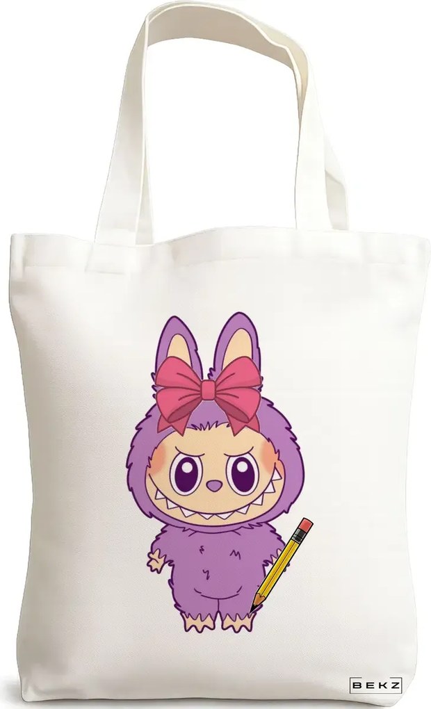 Sacosa de Panza pentru Cumparaturi, Geanta Tote, model Labubu 29 38 x 34.5 cm, Alba, BEKZ®
