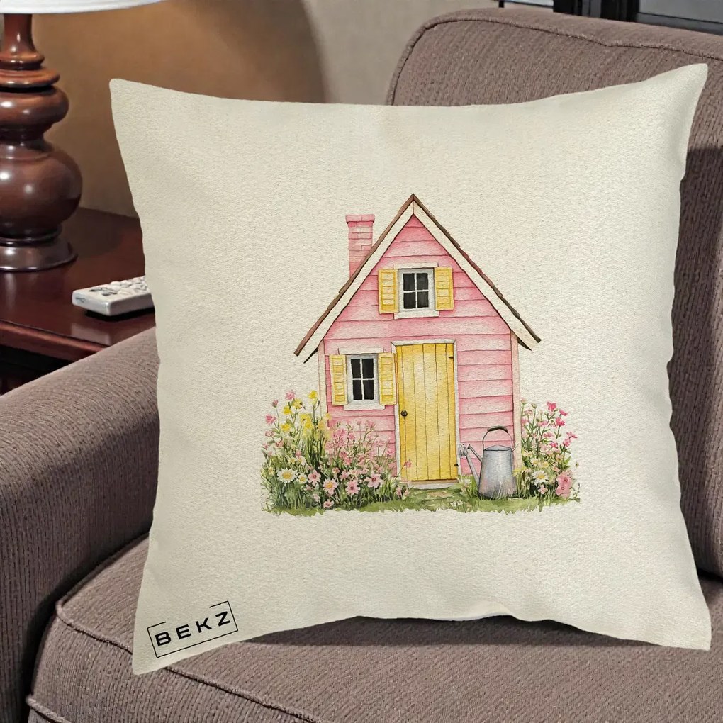 Perna Decorativa Casuta Roz Acuarela cu Gradina, 40x40 cm, Ecru, Husa Detasabila, Perna Inclusa, BEKZ®