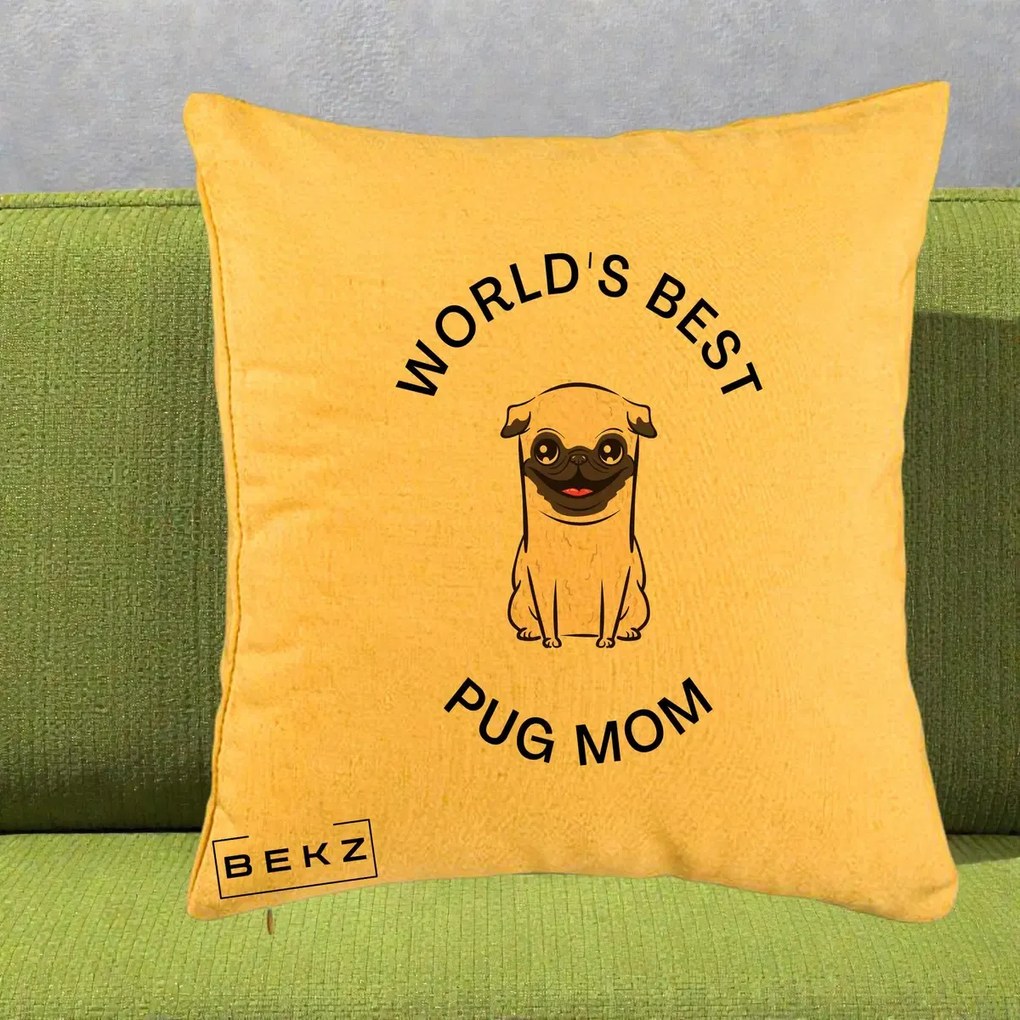 Cadou pentru Iubitorii de Caini - Perna Personalizata World's Best Pug Mom, 40x40 cm, Galben, Husa Detasabila, Perna Inclusa, BEKZ®