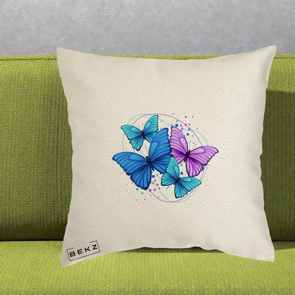 Perna Decorativa Patru Fluturi Turcoaz-Violet, 40x40 cm, Ecru, Husa Detasabila, Perna Inclusa, BEKZ®