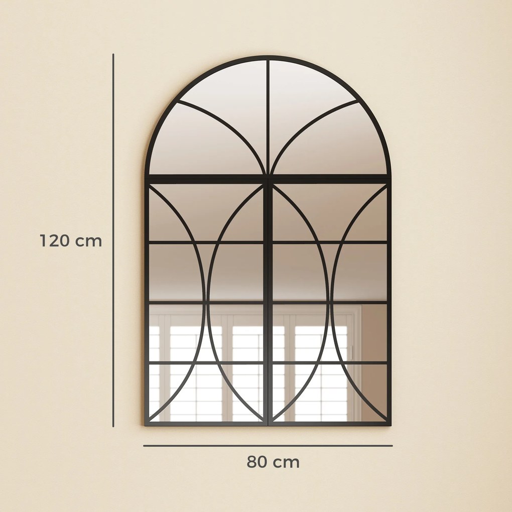 HOMCOM Oglindă de perete arcuită 80 x 120 cm, set de 3 bucăți, oglindă tip vitraliu în formă de fereastră, sticlă securizată și metal, negru | Aosom Romania
