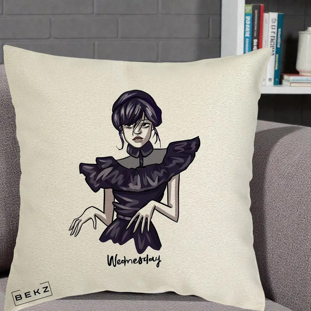 Perna Personalizata Wednesday Addams Dans Gotic, 40x40 cm, Ecru, Husa Detasabila, Perna Inclusa, BEKZ®