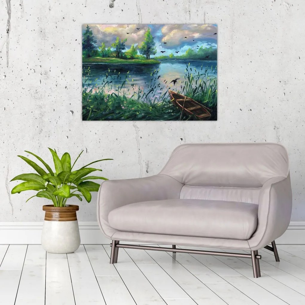 Tablou- Pictură în ulei, seară de vară lângă lac (70x50 cm)