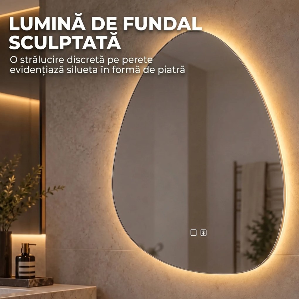 HOMCOM Oglindă de baie cu LED, 3 culori, 60x80 cm, neregulată, Bluetooth, antiaburire, touch | Aosom Romania