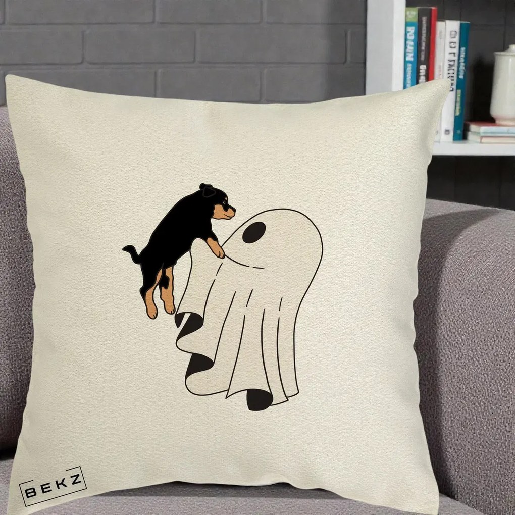 Perna Decorativa Caine Rottweiler Fantoma Halloween, 40x40 cm, Ecru, Husa Detasabila, Perna Inclusa, BEKZ®