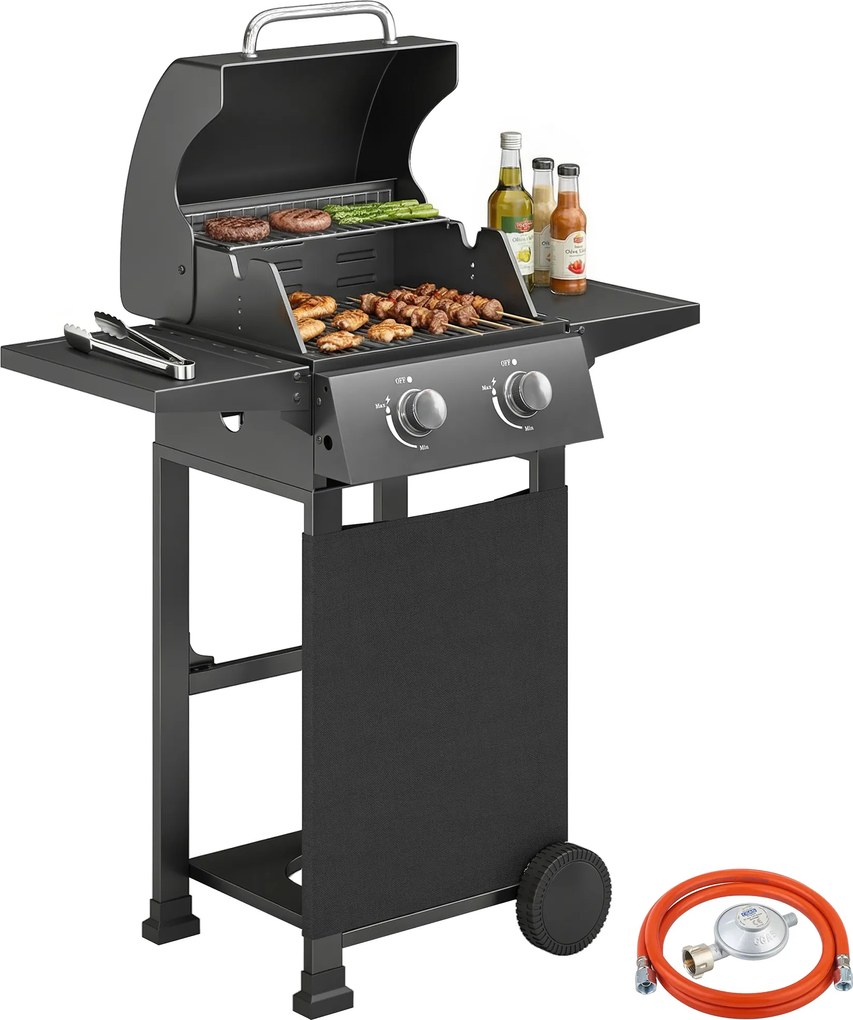 Outsunny Grătar pe gaz 5,4 KW 2 arzătoare Cărucior BBQ din oțel incl. masă laterală rabatabilă Termometru gril cromat Grătar pentru menținere la cald | Aosom Romania