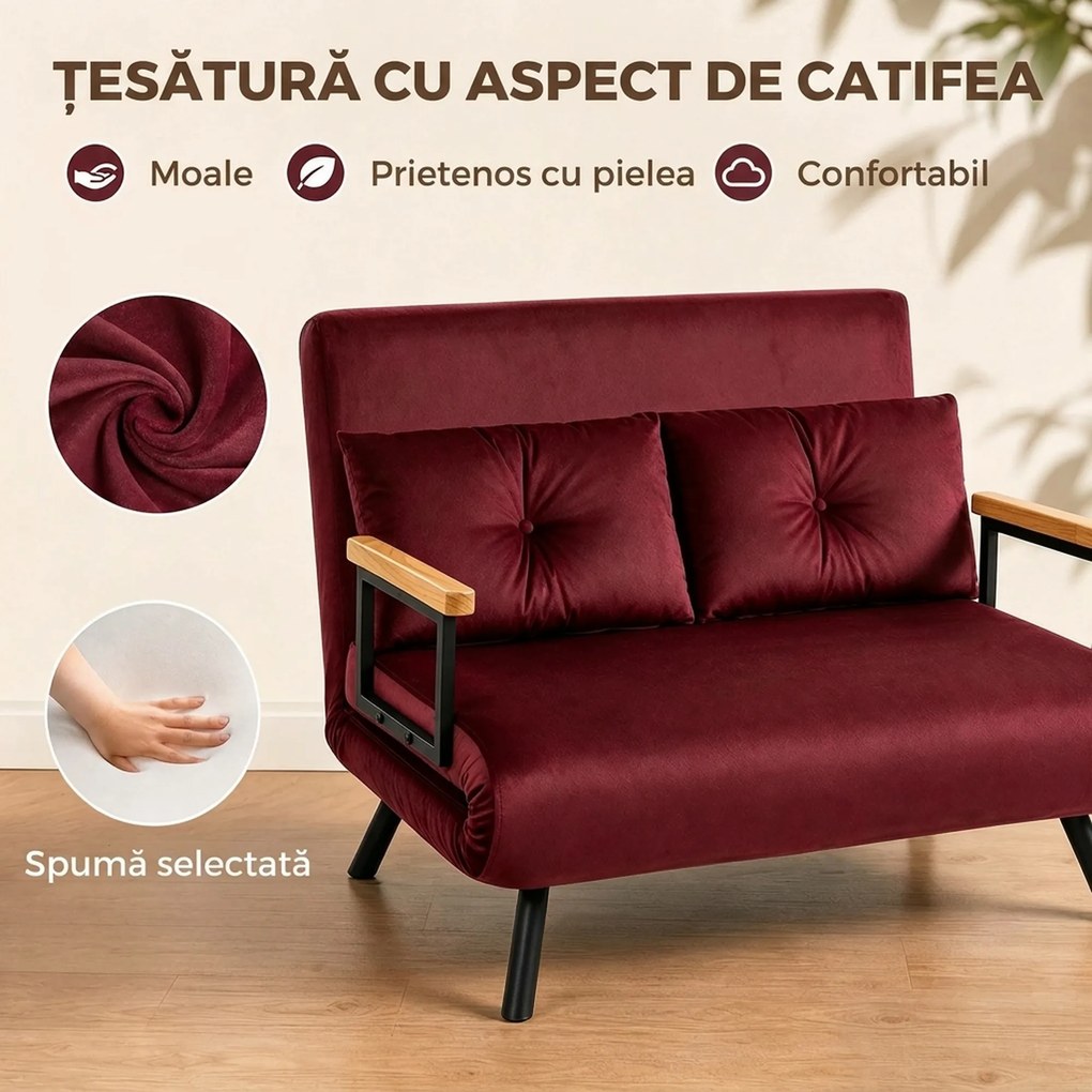 HOMCOM Canapea extensibilă 3 în 1, efect catifea, cu spătar reglabil și 2 perne, 102 x 73 x 81 cm, roșu vișiniu | Aosom Romania