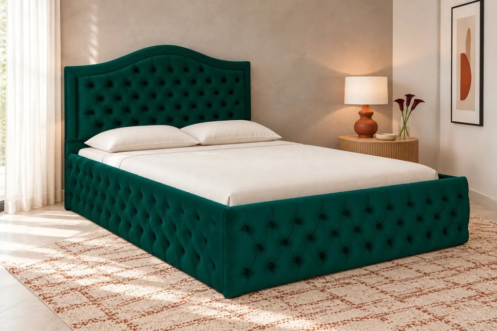 Pat tapițat Chesterfield din catifea Solaria Deluxe 180×200 cm, verde, cu ladă de depozitare