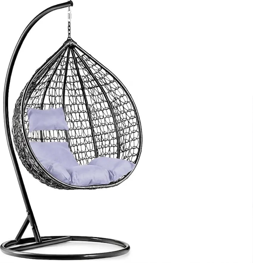 Scaun suspendat negru KOKON cu suport, perna deschisa la culoare