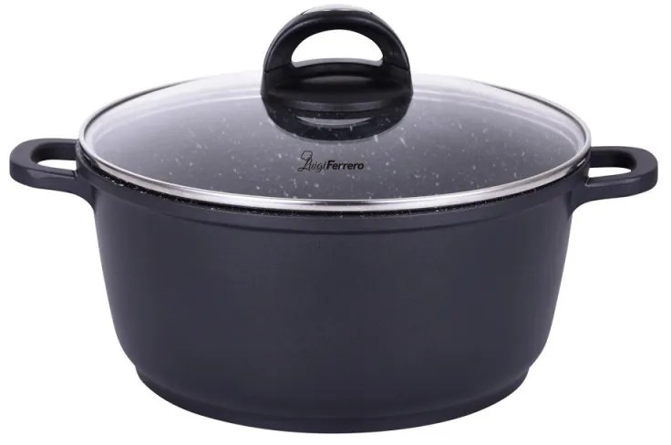 Cratiță Luigi Ferrero Hanna FR-245M 24x11.5 cm, 4.4 l, finisaj marmură, capac din sticlă cu gaură pentru abur, inducție, negru