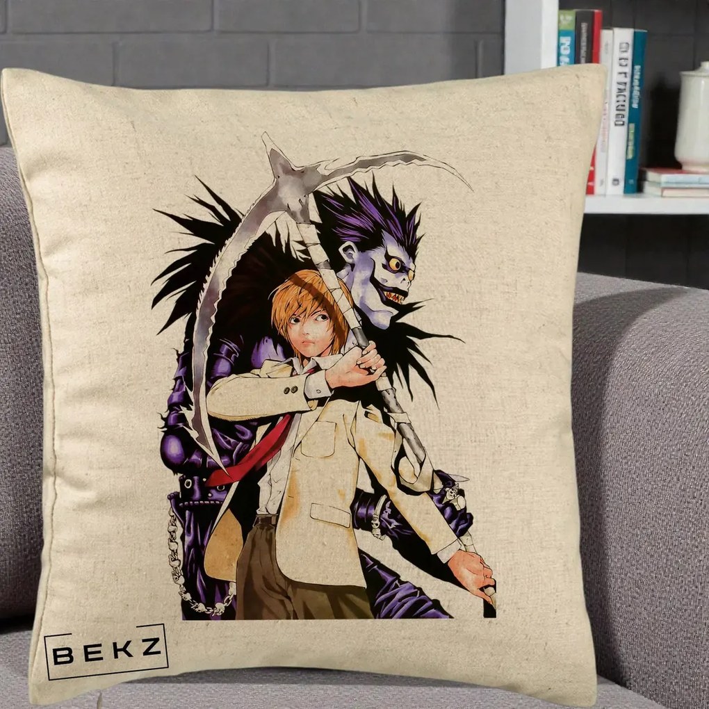 Perna Personalizata Death Note Light si Ryuk Duo, 40x40 cm, Bej, Husa Detasabila, Perna Inclusa, BEKZ®
