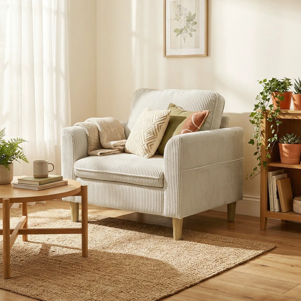 HOMCOM Fotoliu de living din catifea côtelată, fotoliu 1 loc tapițat cu șezut lat și pernă cu arcuri, 83x74x87cm, bej | Aosom Romania