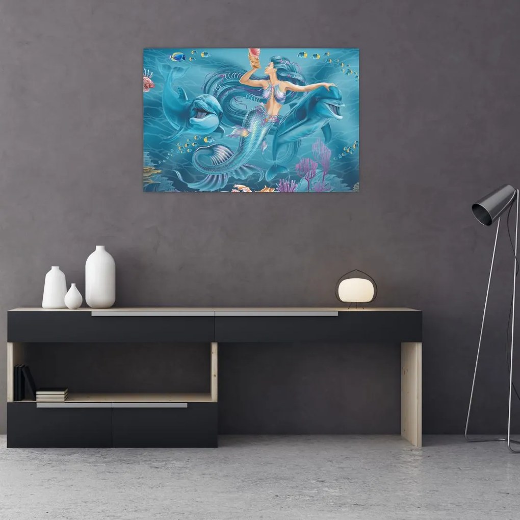 Tablou - Sirenă cu delfini (90x60 cm)