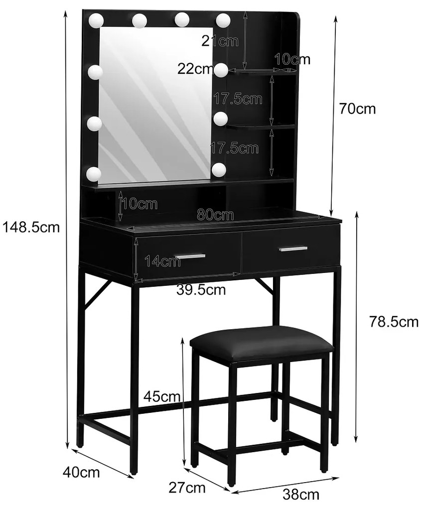 Set ELINORE, Masa de toaleta pentru machiaj, cadru metalic, oglinda iluminata 10 becuri LED, 2 sertare, separatoare, rafturi, scaun, Negru