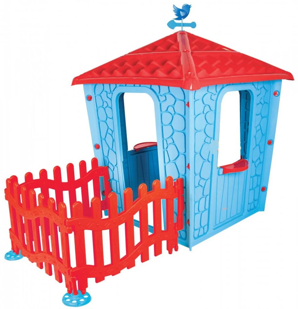 Casuta Copii cu Gard NOVOKIDS™ Stone House , Pentru casa si gradina, 179x114x151 cm, Ferestre si usa mobile, Plastic aditivat rezistent la lumina,