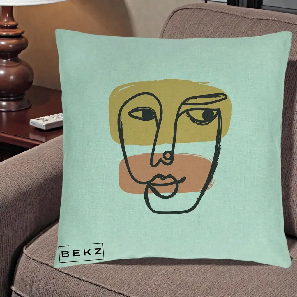 Perna Decorativa Portret Abstract Line Art Portocaliu, 40x40 cm, Verde Menta, Husa Detasabila, Perna Inclusa, BEKZ®
