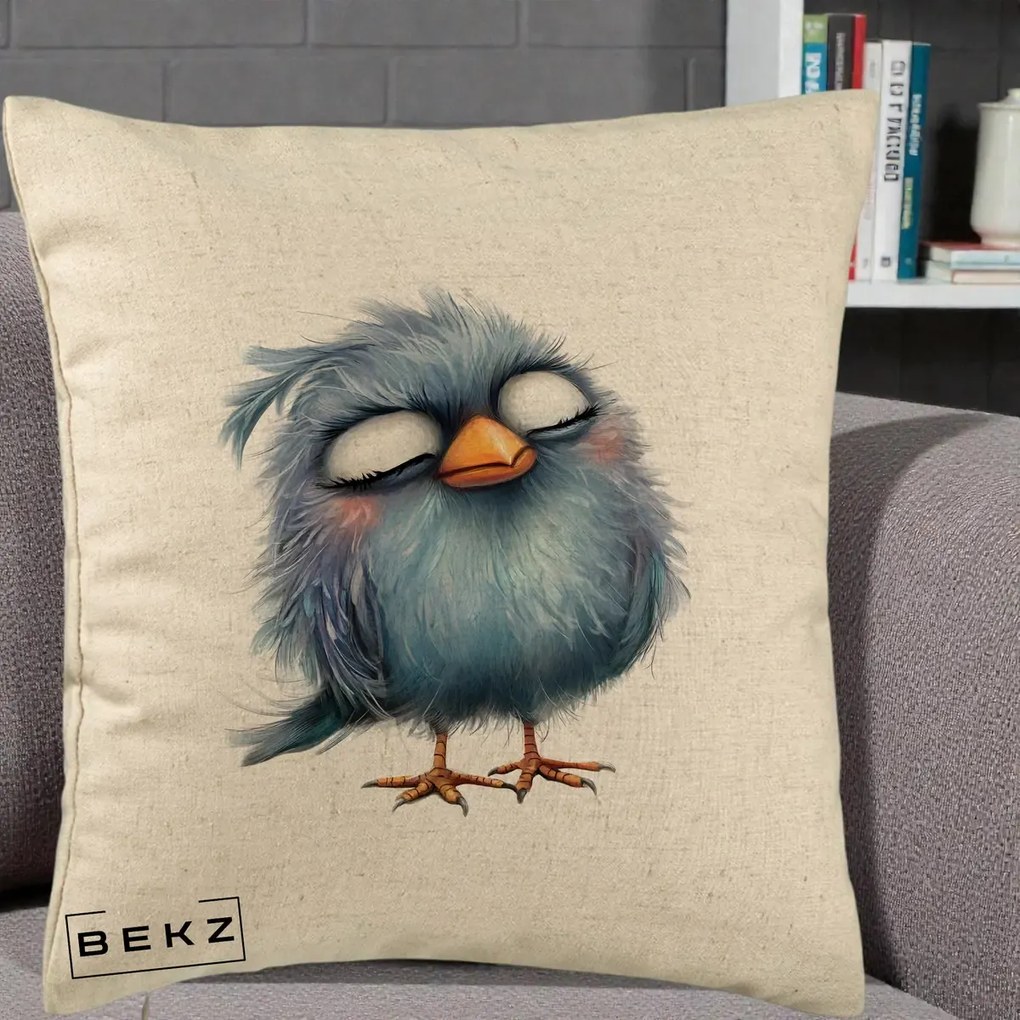 Perna Decorativa Pui Pufos Albastru Adormit, 40x40 cm, Bej, Husa Detasabila, Perna Inclusa, BEKZ®