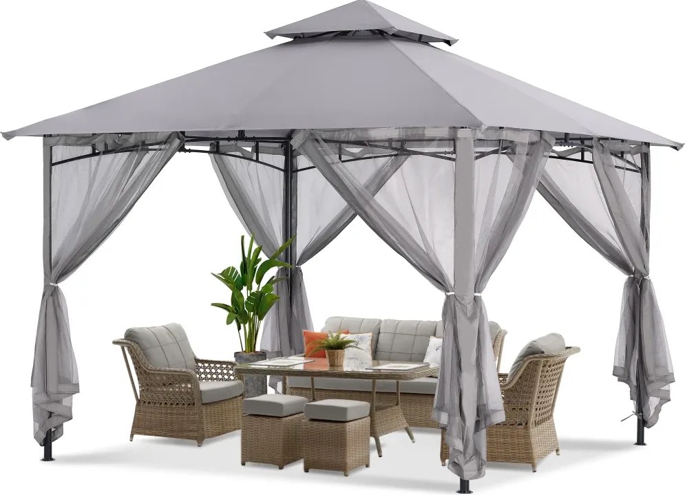 ABCCANOPY Foișor de gradina 3.3x3.3 m - Foișor exterior cu cadru din oțel și plasă de țânțari pentru gazon, curte, grădină, terasă, Gri