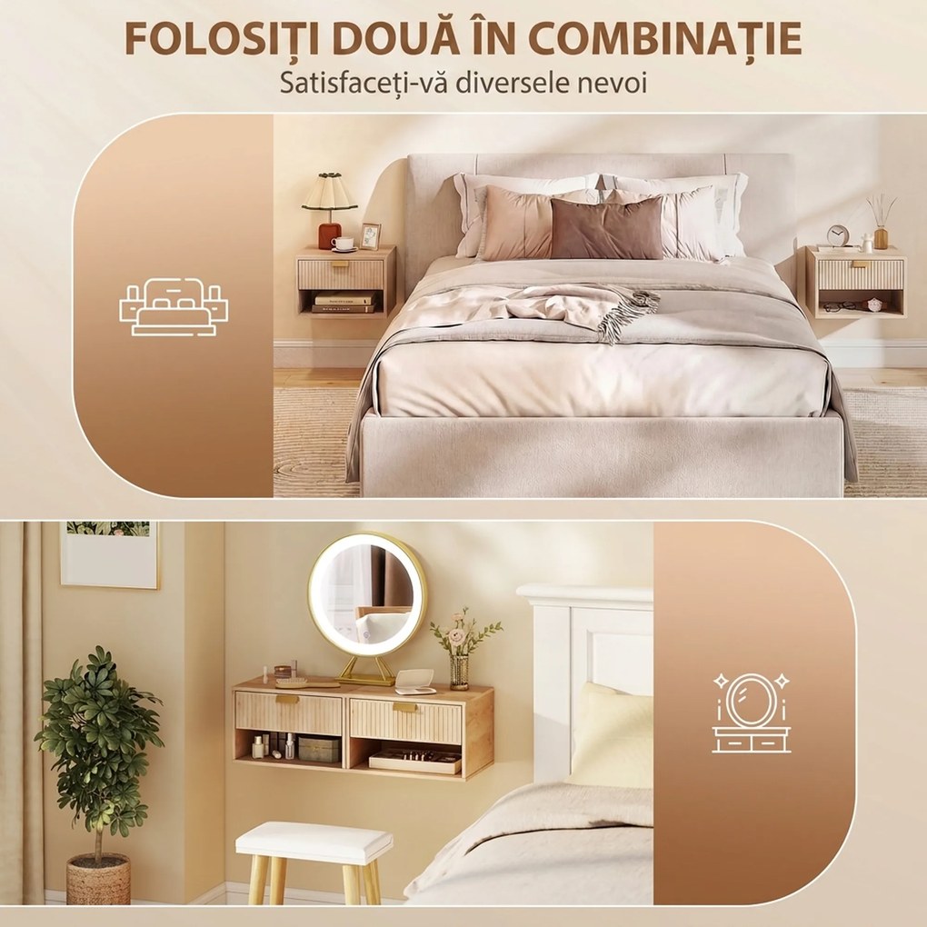 HOMCOM Set 2 Noptiere Suspendate cu Sertar Decorat și Poliță Deschisă, Stejar | Aosom Romania