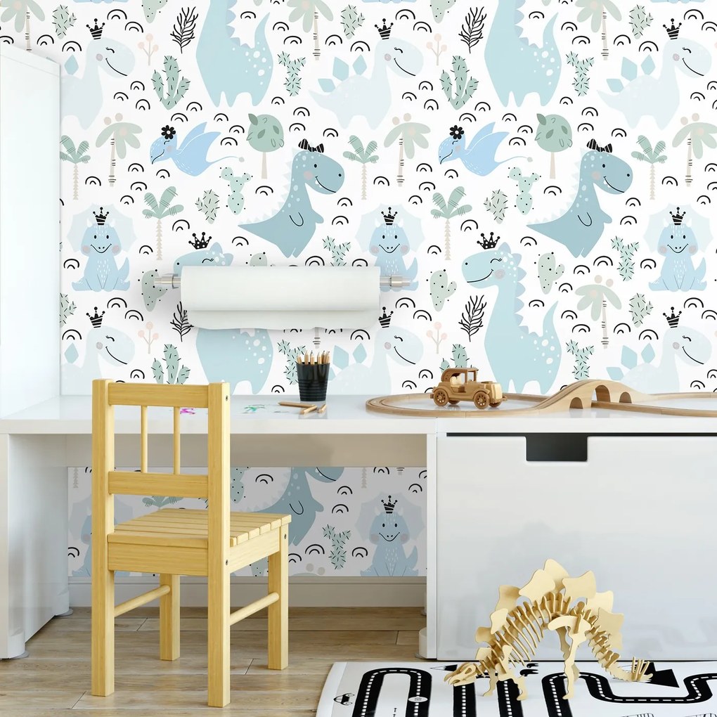 Tapet - dinozauri drăguți în culori albastru deschis