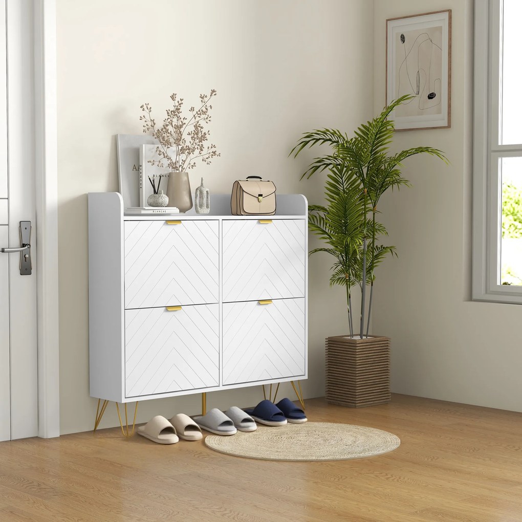 HOMCOM Dulap pentru încălțăminte 4 abtibilduri, cu raft reglabil, depozitare încălțăminte 106 x 24 x 102 cm, alb | Aosom Romania