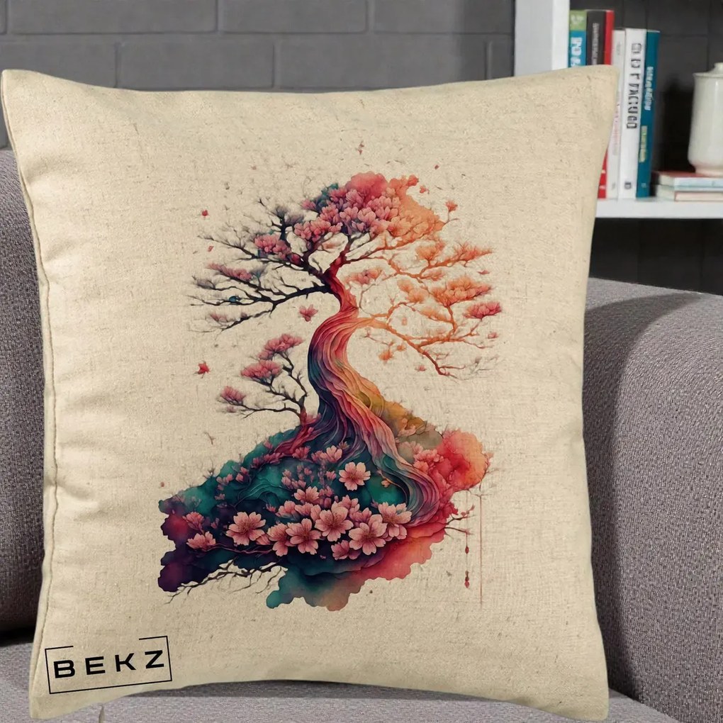 Perna Decorativa Copac Sakura Acuarela Fantasy, 40x40 cm, Bej, Husa Detasabila, Perna Inclusa, BEKZ®
