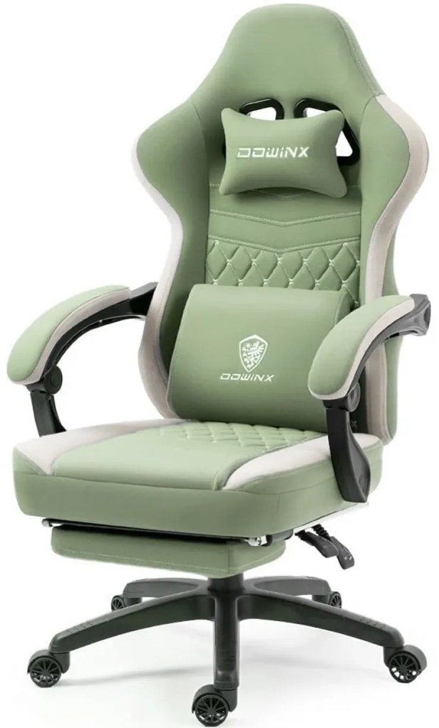 DOWINX Scaun gaming, ergonomic, suport lombar cu masaj, Șezut cu Arcuri Metalice și Spumă, Pernă de Gel, Spătar înalt, rabatabil 90°-135°, Buzunar depozitare, Suport picioare, rezistent 150 kg, material respirabil, Verde