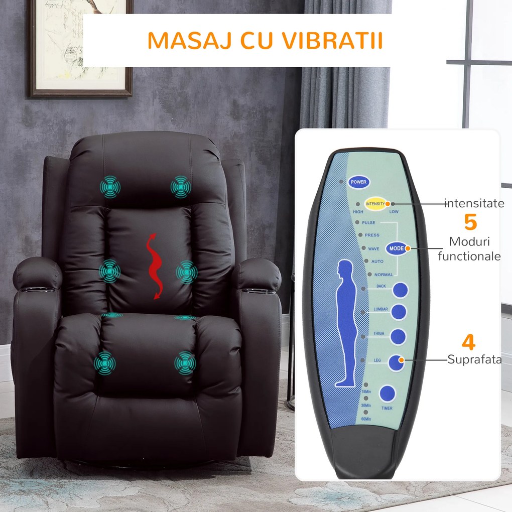 HOMCOM Fotoliu cu Masaj și Încălzire, Fotoliu Rabatabil din Piele Artificială cu 8 Puncte de Masaj și Telecomandă, 85x94x104 cm, Maro | Aosom Romania