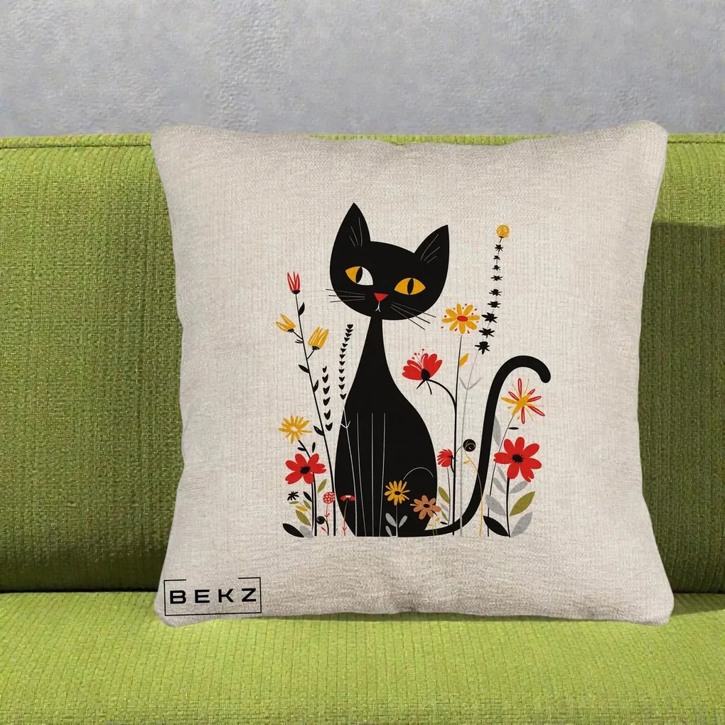 Perna Decorativa Pisica Neagra Ochi Galbeni Flori, 40x40 cm, Bej Canapea, Husa Detasabila, Perna Inclusa, BEKZ®