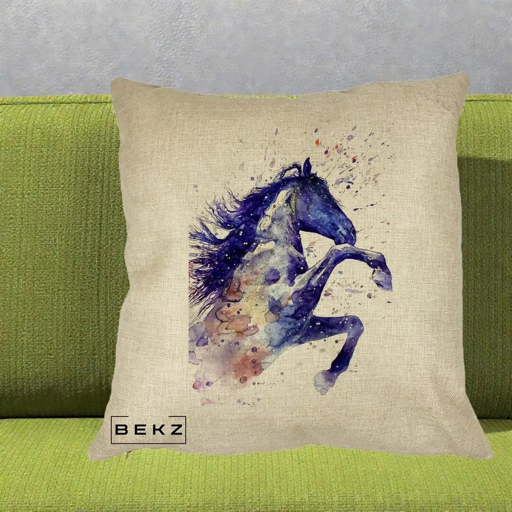 Perna Decorativa Cal Albastru Acuarela, 40x40 cm, Crem, Husa Detasabila, Perna Inclusa, BEKZ®
