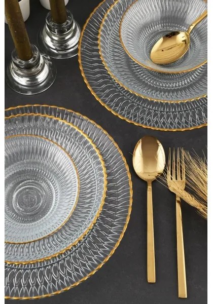 Set de masă 12 piese, sticlă transparentă cu detalii aurii