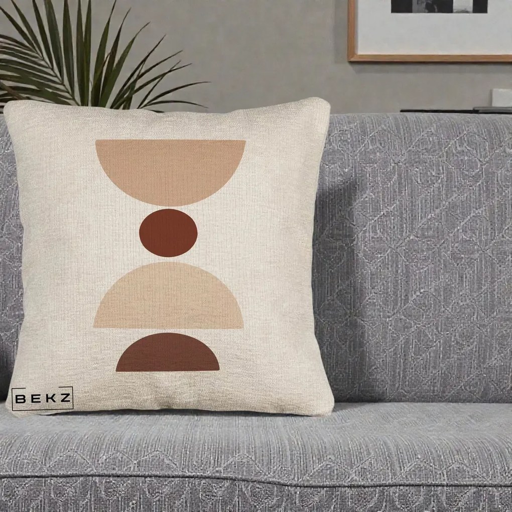 Perna Decorativa Geometric Boho Cerc si Boluri, 40x40 cm, Bej Canapea, Husa Detasabila, Perna Inclusa, BEKZ®