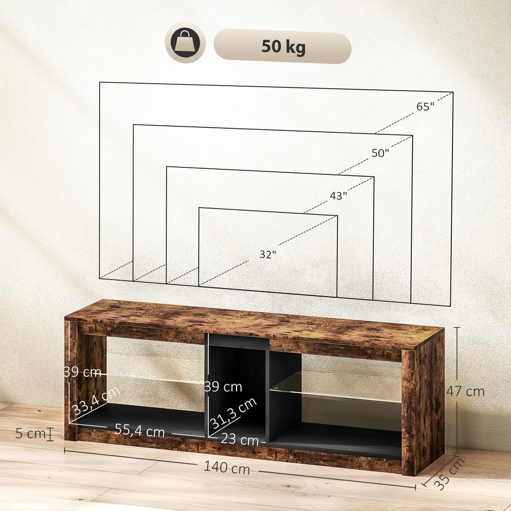 HOMCOM Mobilier TV cu lumină LED și telecomandă, rafturi și compartimente deschise, 140x35x47cm, maro | Aosom Romania