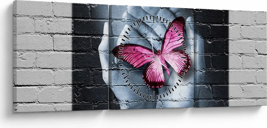 Tablou - Fluture roz în perete (cu ceas) (90x30 cm)