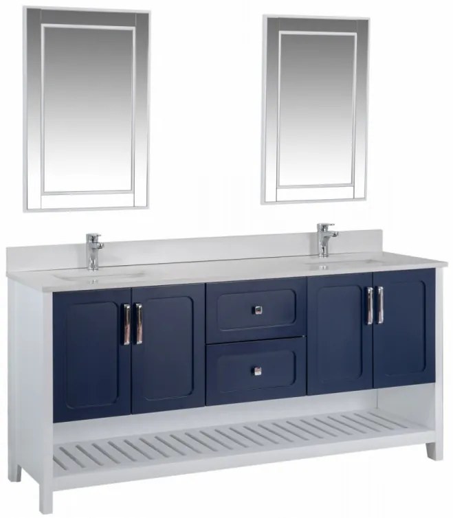 Set Mobilier Baie Yampa 72, Include Dulap Baza cu Lavoar Dublu și 2 Oglinzi, 180 cm, Albastru Inchis / Alb