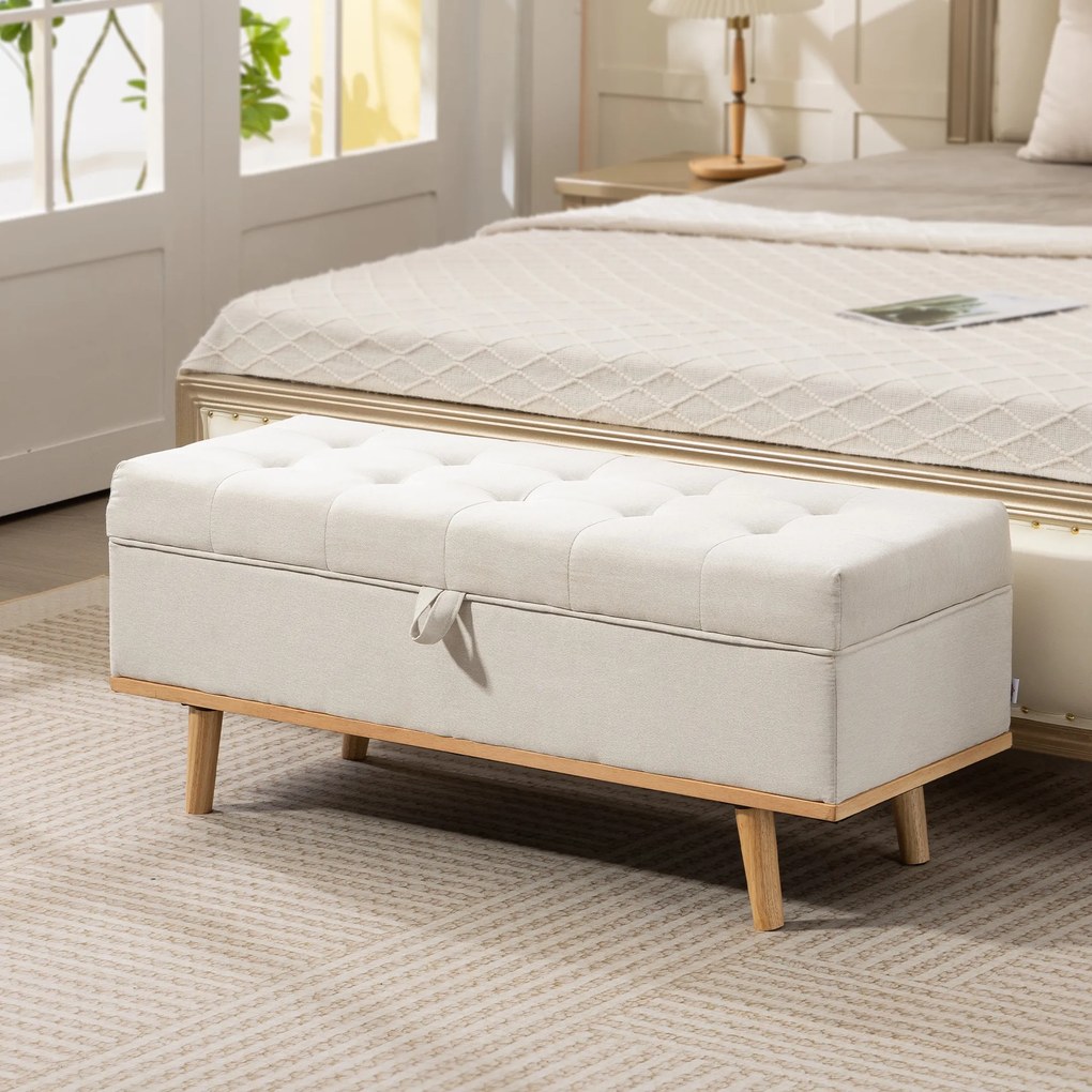 HOMCOM Taburet depozitare 80L, material textil, picioare lemn, 118x42x45 cm, crem | Aosom Romania