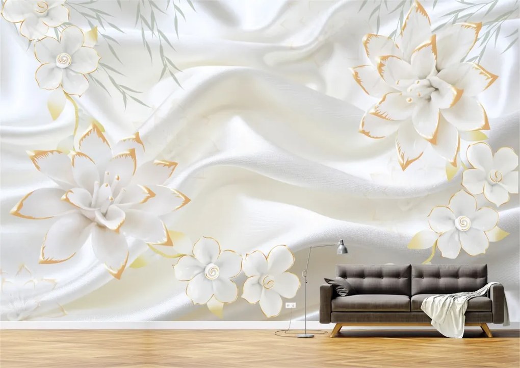 Tapet Premium Canvas - Flori albe cu auriu abstract