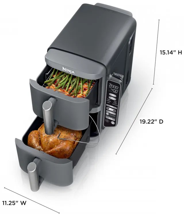 Friteuza dubla cu aer cald Ninja SL451EU, 2470W, 9.5L, Termometru digital, 2 cosuri, 6 programe, Max Crisp, Sync & Match, Gri