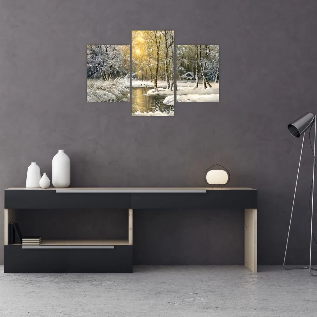 Tablou - Cabană în pădure, pictură în uei (90x60 cm)