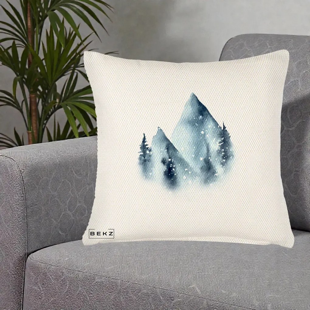 Perna Decorativa Munti Inzapeziti Acuarela Indigo, 40x40 cm, Crem Reliefat, Husa Detasabila, Perna Inclusa, BEKZ®