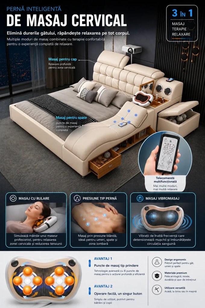 MOBLUX99 Utility 160x200 cm Beige Left Chaise – Pat Inteligent Premium cu Proiector, Vibromasaj, Boxe Bluetooth, Încărcare Wireless și Spații Multiple de Depozitare