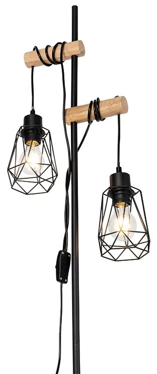 Lampă de podea rustică neagră cu lemn 2 lumini cu abajur - Dami Frame