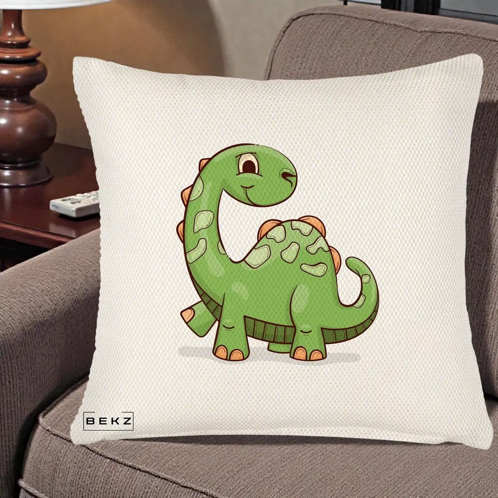 Perna Decorativa Brontosaur Verde Simpatic, 40x40 cm, Crem Reliefat, Husa Detasabila, Perna Inclusa, BEKZ®