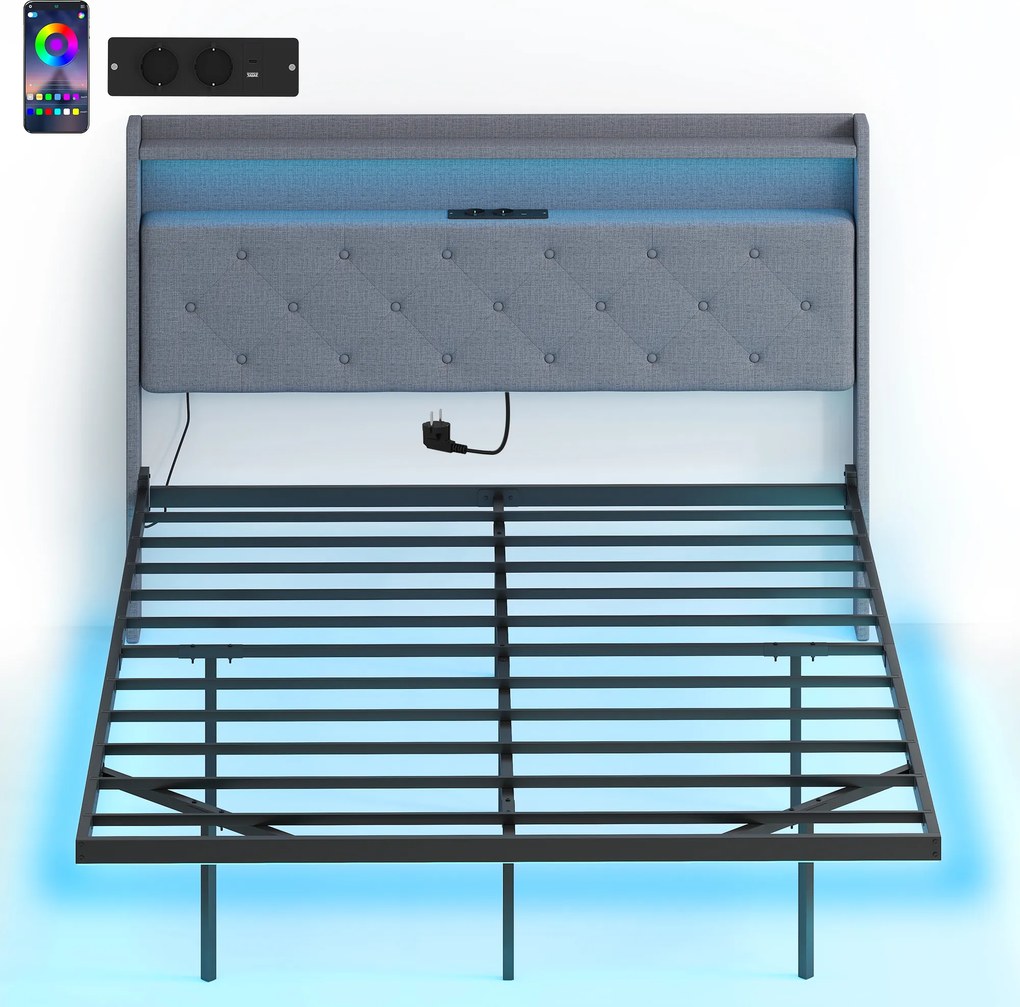 HOMCOM Cadru de pat 140 x 190 cm cu somieră din oțel, pat dublu plutitor cu lumini LED RGB și stație de încărcare, gri | Aosom Romania