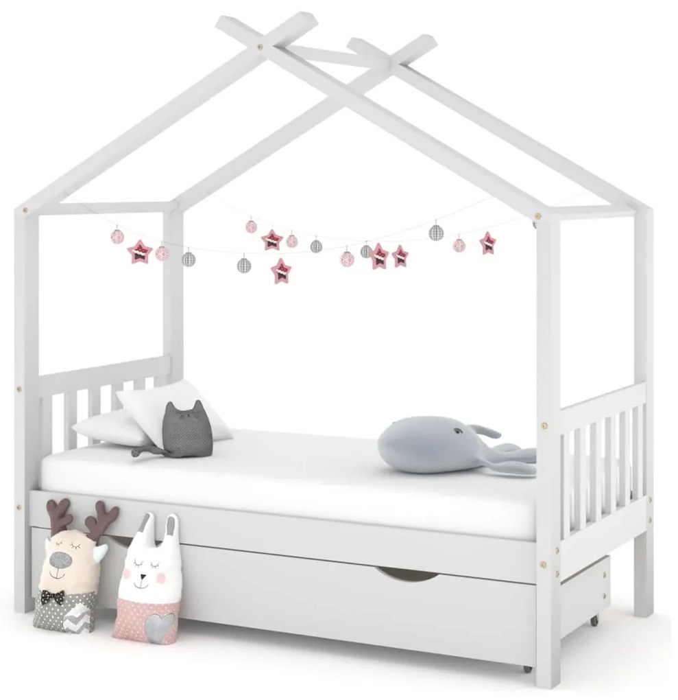 Cadru pat de copii cu un sertar, alb, 80x160 cm, lemn masiv pin