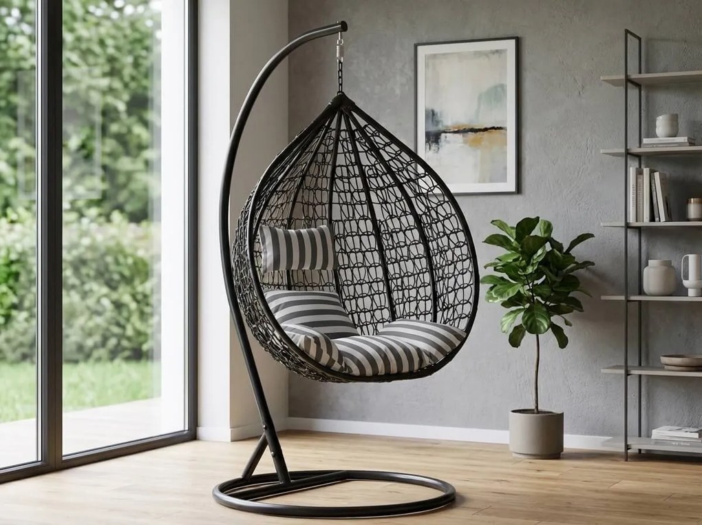 Scaun suspendat negru KOKON cu suport, perna alb-gri